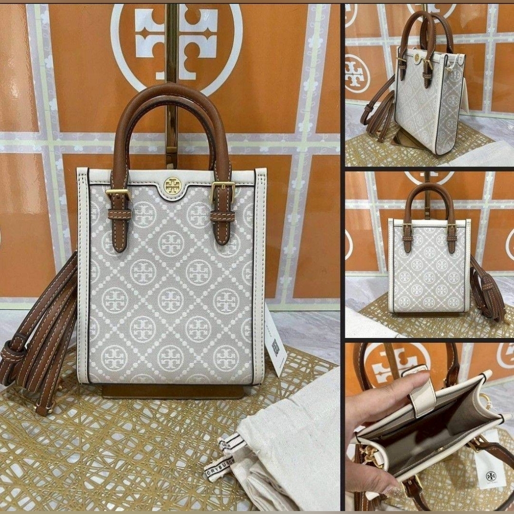 Tory Burch t monogram mini tote bag (Cream and Brown)